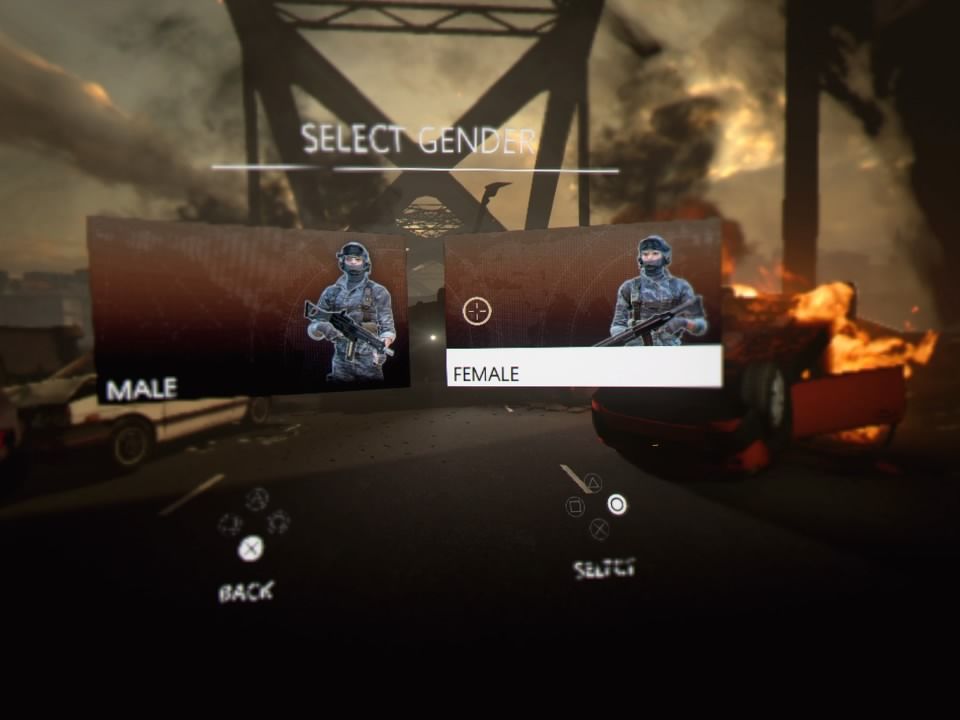 Bravo Team (PlayStation 4) screenshot: Character's gender select screen