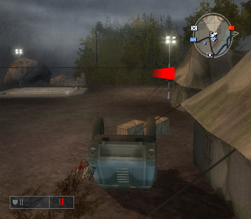 Mercenaries: Playground of Destruction (PlayStation 2) screenshot: Battle in a camp. This situation should be familiar to GTA players...