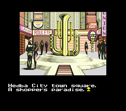 The Space Adventure (SEGA CD) screenshot: Hedba City central square. I like the shape of that statue!