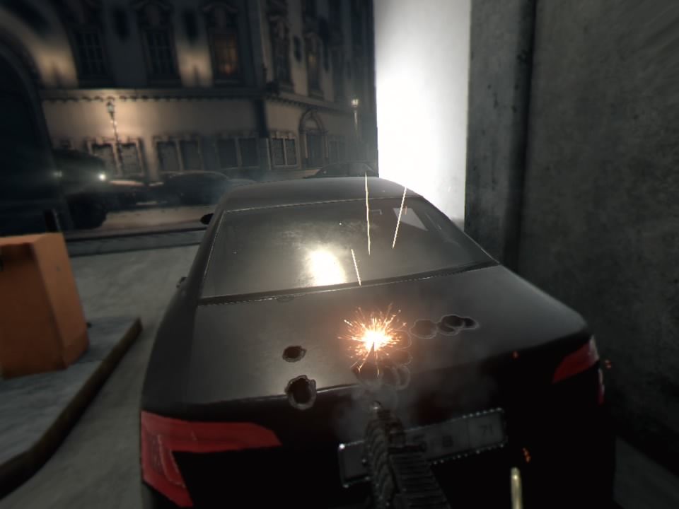 Bravo Team (PlayStation 4) screenshot: While some objects can be destroyed, cars will just mark the bullet holes without blowing up even if you fire at a gas tank