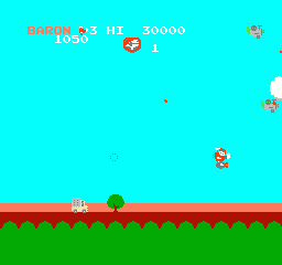 Sky Kid (NES) screenshot: I just picked up a bomb, now I can't perform aerial loops without dropping it.