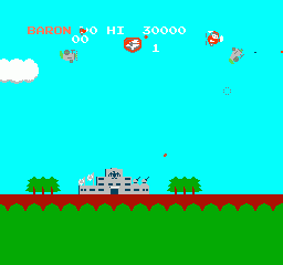 Sky Kid (NES) screenshot: Bomb this structure for massive points