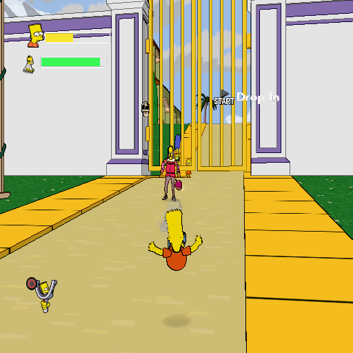 The Simpsons Game (PlayStation 2) screenshot: One of the later levels. Bart is being knocked down by a Hamlet-wannabe