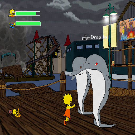 The Simpsons Game (PlayStation 2) screenshot: Lisa is fighting evil dolphins