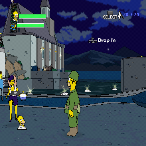 The Simpsons Game (PlayStation 2) screenshot: Homer is staring at French women in front of a church