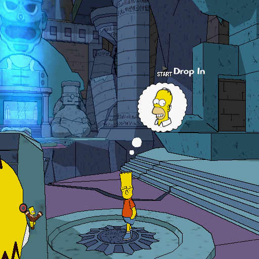 The Simpsons Game (PlayStation 2) screenshot: One of the early levels. The game conveniently tells you which character or which ability you need to solve the very easy puzzle