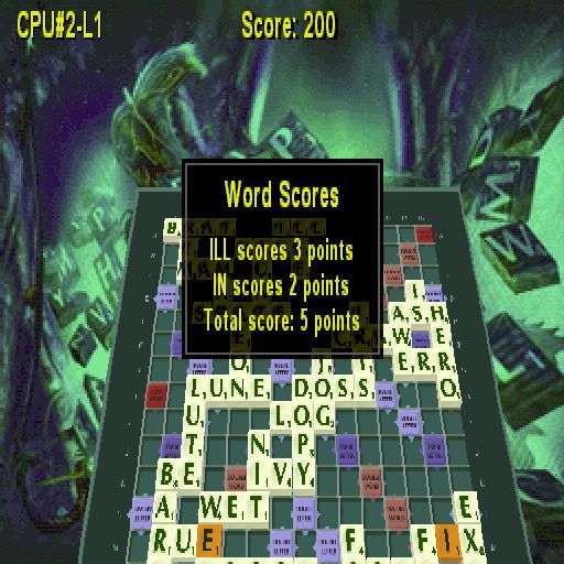Scrabble (PlayStation) screenshot: When a turn is over the game shows each word that has been entered and it's score