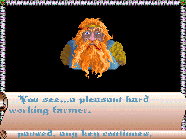 Loremaster (DOS) screenshot: Important characters have high-resolution portraits