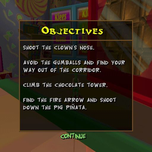 Portal Runner (PlayStation 2) screenshot: The game can be paused. This gives the player access to a set of options, one of which shows the current level's objectives.
