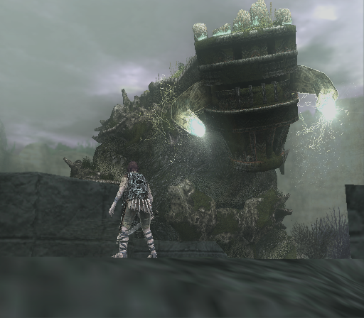 Shadow of the Colossus (PlayStation 2) screenshot: Wow. This colossus truly looks like a whole city. He is also quite big. And he shoots stuff at you