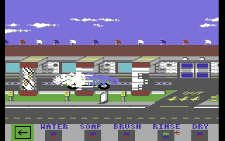 Hot Wheels (Commodore 64) screenshot: Going through the car wash.
