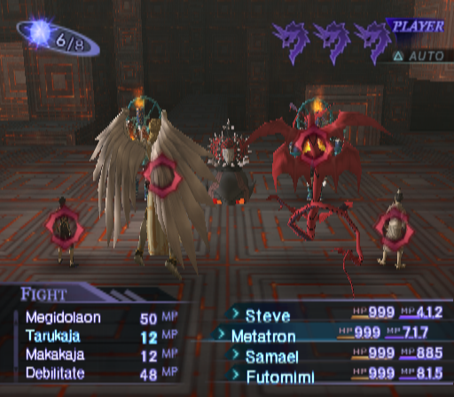 Shin Megami Tensei: Nocturne (PlayStation 2) screenshot: About to cast an essential support spell on my high-level party, which is posing for the shot together with the enemies