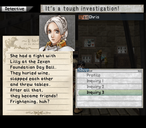 Suikoden III (PlayStation 2) screenshot: You can hire a private detective to spy on any of your people. This is the report on Chris you get after a thorough investigation!