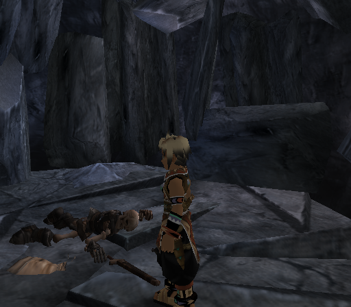 Suikoden III (PlayStation 2) screenshot: You found a skeleton in a mysterious passageway...