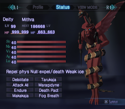 Shin Megami Tensei: Nocturne (PlayStation 2) screenshot: Viewing the stats of a summoned ally. Fanciful, yet impressive design - I wonder if Mithra was ever depicted like this?..