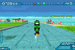 Moto Racer Advance (Game Boy Advance) screenshot: Do a wheelie to get additional speed.