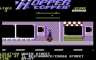 Hopper Copper (Commodore 64) screenshot: Bouncing along the streets.