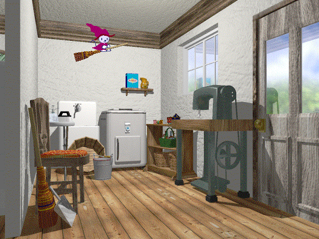 Small House (Macintosh) screenshot: Clicking on the broom brings out this witch mouse!