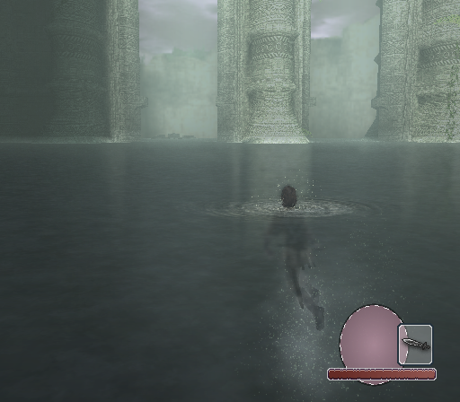 Shadow of the Colossus (PlayStation 2) screenshot: Swimming through the sunken ruins of a great palace