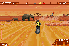 Moto Racer Advance (Game Boy Advance) screenshot: Watch out for the animals as well.