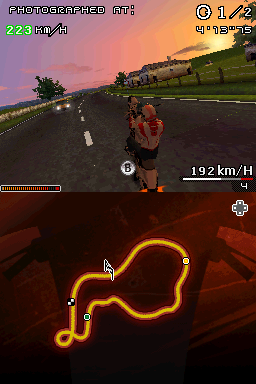 Moto Racer DS (Nintendo DS) screenshot: Perform the wheelie too long and you will need to correct it.