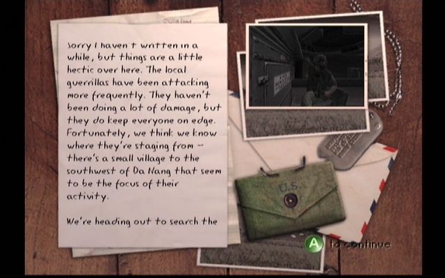 Men of Valor (Xbox) screenshot: Each stage also has a letter from your mum & dad or a letter you've written to them