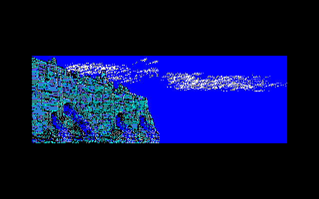 Relics (FM-7) screenshot: Opening cut-scene with a structure rising from the ocean.