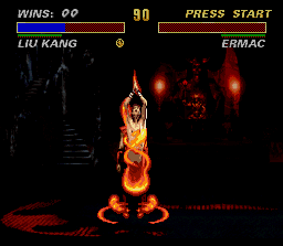 Ultimate Mortal Kombat 3 (SNES) screenshot: Liu Kang can enter inside the enemy during its fatality. Very burning, guy!