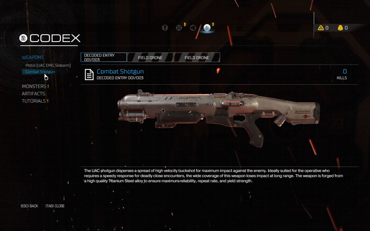 Doom (Windows) screenshot: Information about the combat shotgun in the codex