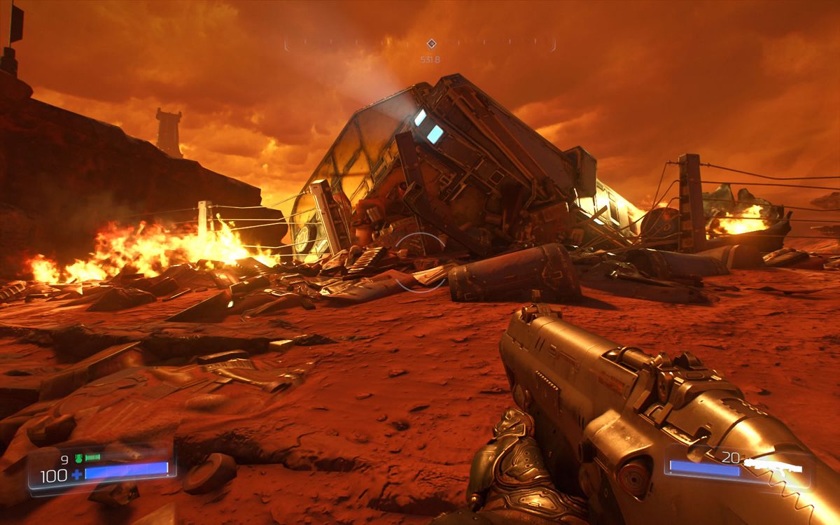 Doom (Windows) screenshot: Outside, near a burning wreck