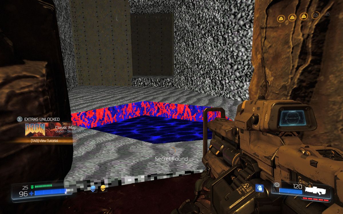 Doom (Windows) screenshot: Levels have switches that open entrances to the game flowing over in classic <i>DOOM</i> environments.