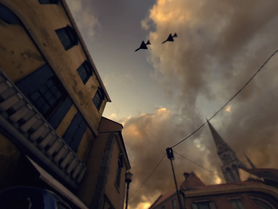Bravo Team (PlayStation 4) screenshot: A couple of MiG-21s flying above the town