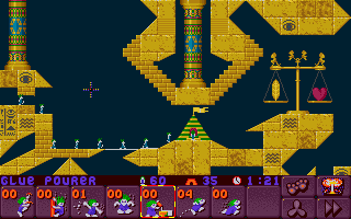 Lemmings 2: The Tribes (DOS) screenshot: Egyptian Lemmings - the scale on the right was, according to Egyptian mythology, used to weigh a dead person's heart against the Feather of Truth.