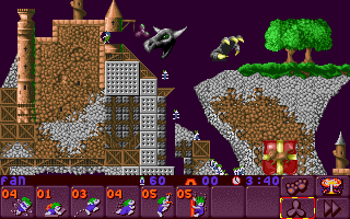 Lemmings 2: The Tribes (DOS) screenshot: The same applies to Medieval Lemmings. Unfortunately, I'm pretty bad at using fan-controlled skills.