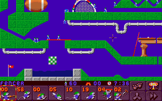 Lemmings 2: The Tribes (DOS) screenshot: Sports Lemmings with a combination of several sports, such as tennis, billard, rugby and golf. This section is mostly disappointing too.