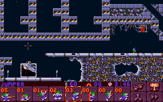 Lemmings 2: The Tribes (DOS) screenshot: Space Lemmings are mostly ugly again. At least the exit looks very interesting.