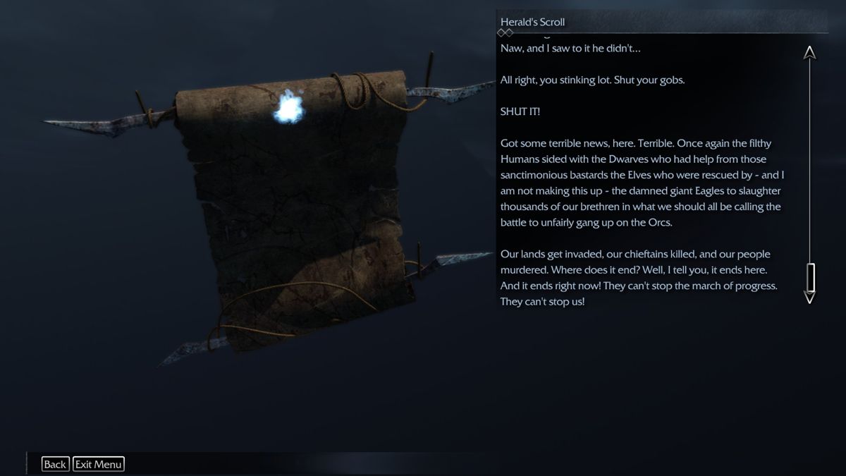 Middle-earth: Shadow of Mordor (Windows) screenshot: You can find artifacts in the game such as this one