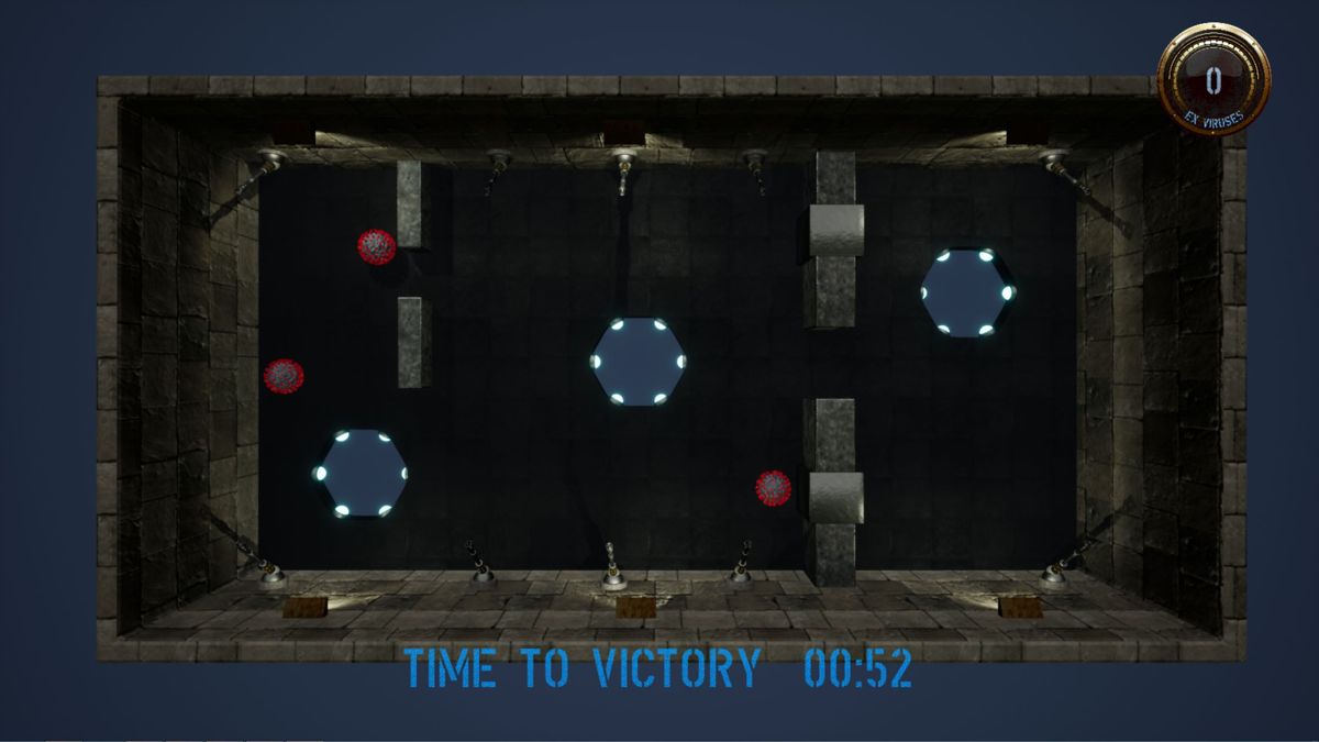 CoronaWhomp! (Windows) screenshot: Early in a game.<br>Set into the outer walls are virus cannons fired by the 'V' key. The internal walls have portals which slam shut when the 'W' key is pressed, these are the 'whompers'.