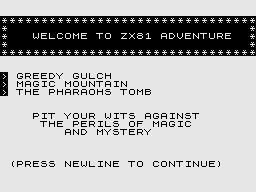 Adventure Tape No. 1 (ZX81) screenshot: Choice of Adventures.