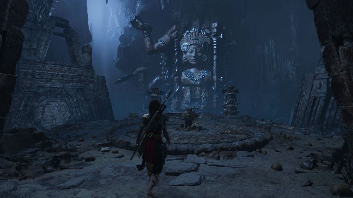 Shadow of the Tomb Raider: Season Pass (Windows) screenshot: <i>Eternal Reward</i>: the tomb's main puzzle starring Xquic, the Blood Maiden who created the Silver Box and the Yaaxil.