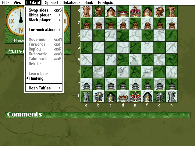 The Complete Chess System II (DOS) screenshot: PC Format release: Move the mouse cursor to the top of the screen and a drop down menu bar appears with all the game configuration options