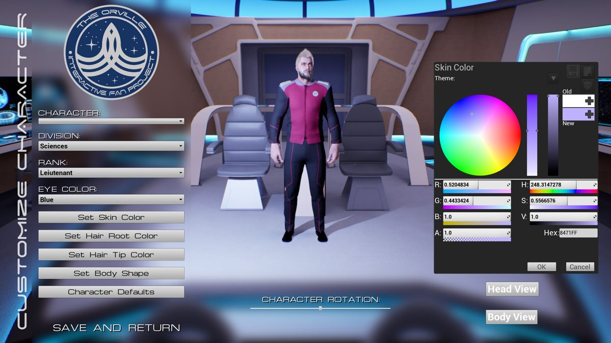 The Orville: Interactive Fan Experience (Windows) screenshot: The avatar configuration screen. In version 1.0.9 there is little to do but there is more on-line