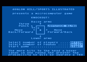 KNOCKOUT (Atari 8-bit) screenshot: Title / instructions & info