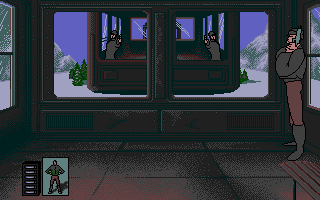 Guy Spy and the Crystals of Armageddon (Atari ST) screenshot: Gondola ride: use cover