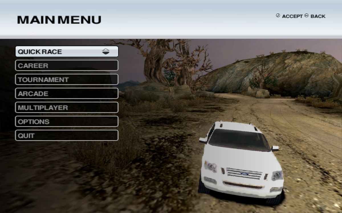 Ford Racing Off Road (Windows) screenshot: The main menu, with the usual "rally" game options. The video/audio/control configuration is done in a separate window.