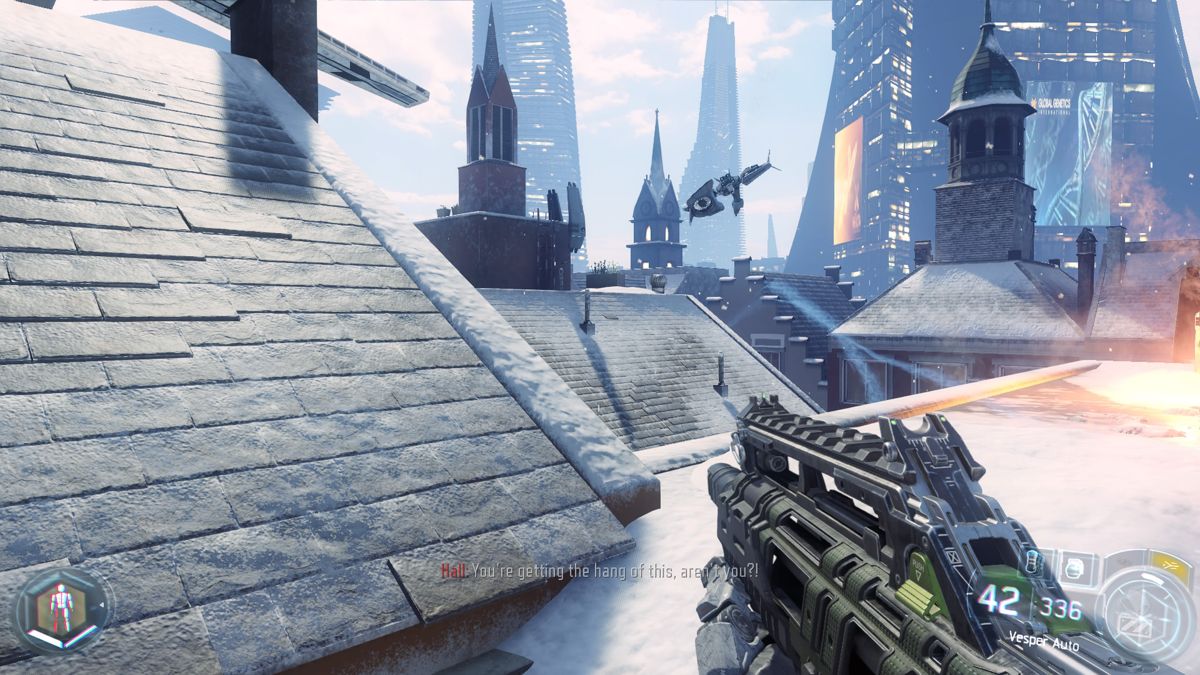 Call of Duty: Black Ops III (PlayStation 4) screenshot: Dashing on the rooftops