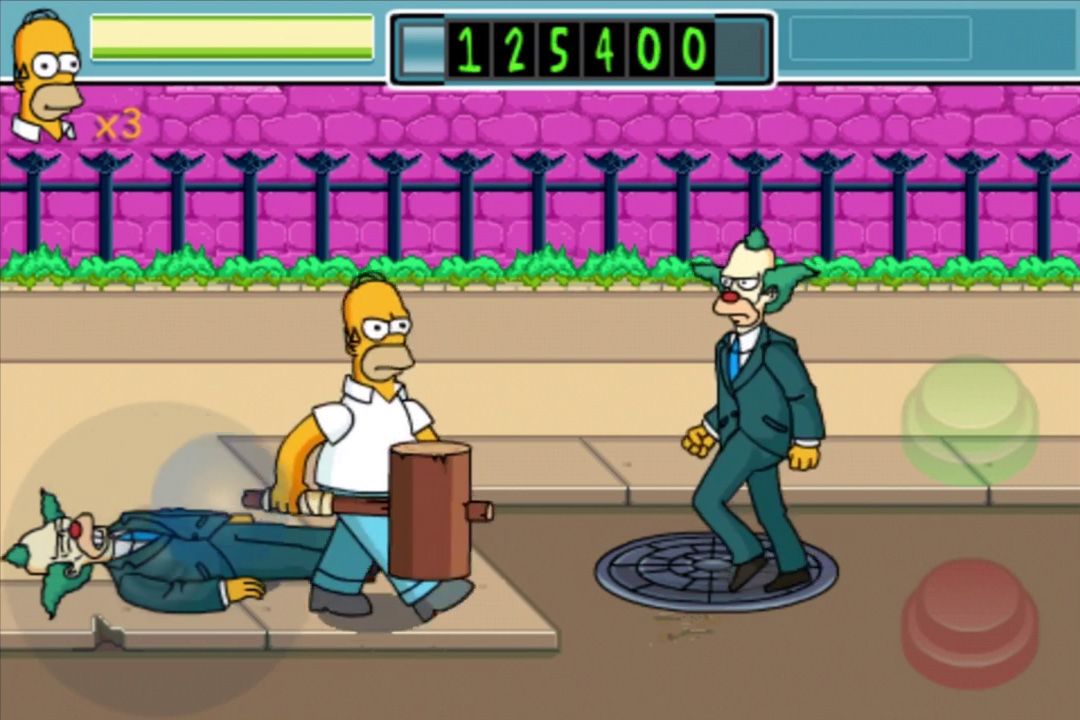 The Simpsons Arcade (iPhone) screenshot: Homer brawling in Krustyland