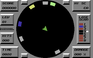 Lazer Wheel (Commodore 64) screenshot: Blast the aliens and bombs.