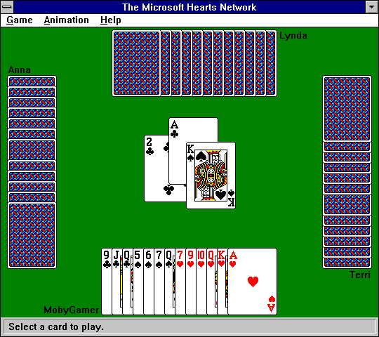 Microsoft Windows 3.1 (included games) (Windows 3.x) screenshot: Hearts: Select a card to play.