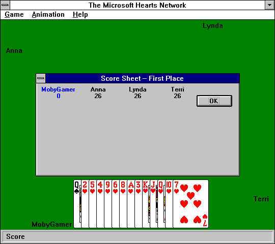 Microsoft Windows 3.1 (included games) (Windows 3.x) screenshot: Hearts: ...Curiously, I got a perfect score, even though I don't even know the rules and I've been choosing cards completely at random. I wonder what are the odds of that...